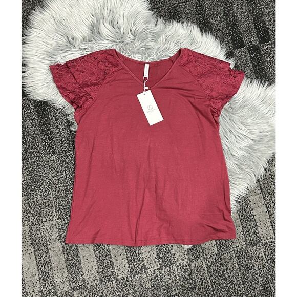 FREEOAK Summer Tops Double Lace Sleeve Shirt Size XL Red wine In Color - Picture 2 of 4